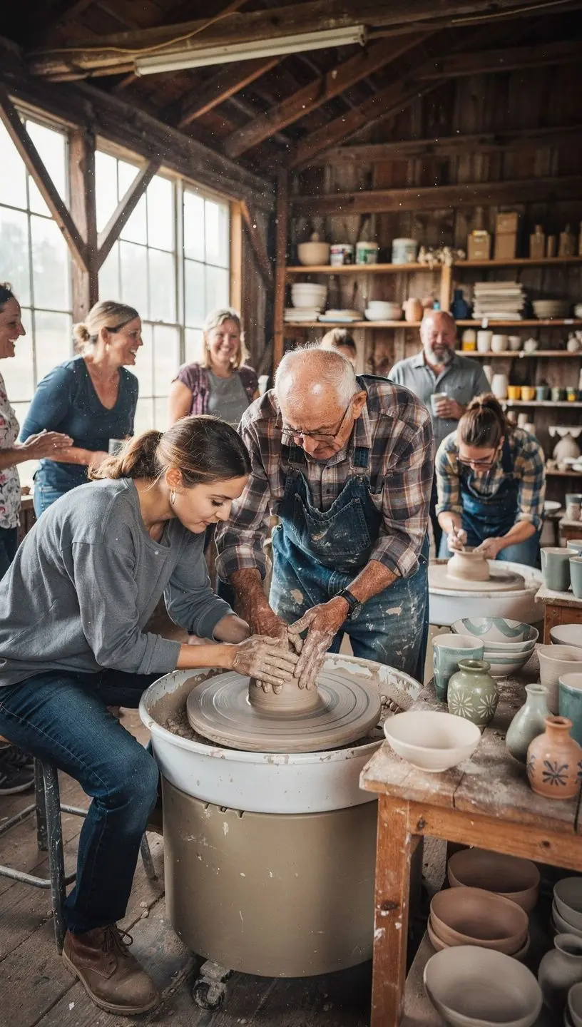 Посетители участвуют в мастер-классе по изготовлению керамики на ферме в сельской местности США